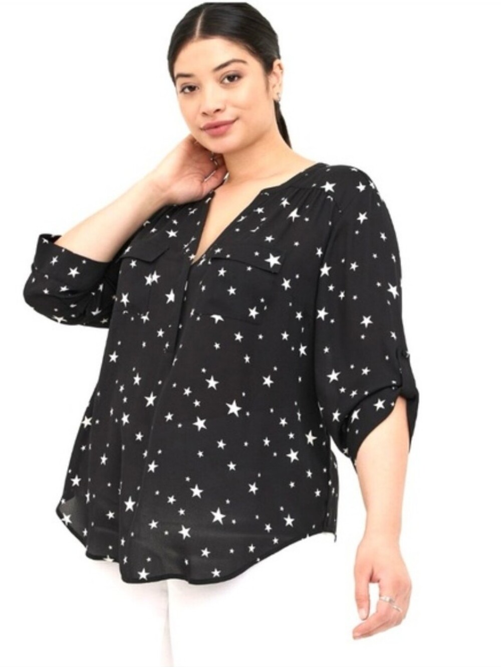 Torrid Harper Georgette Pullover 3/4 Sleeve Stars Womens Size 2 2X Black